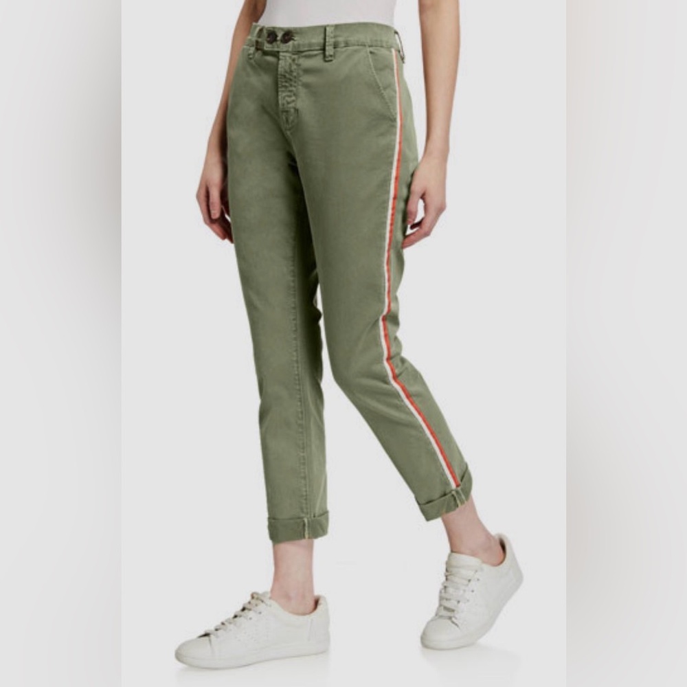 Frame Denim Olive Green Straight Leg Jeans with Red & White Side Stripe